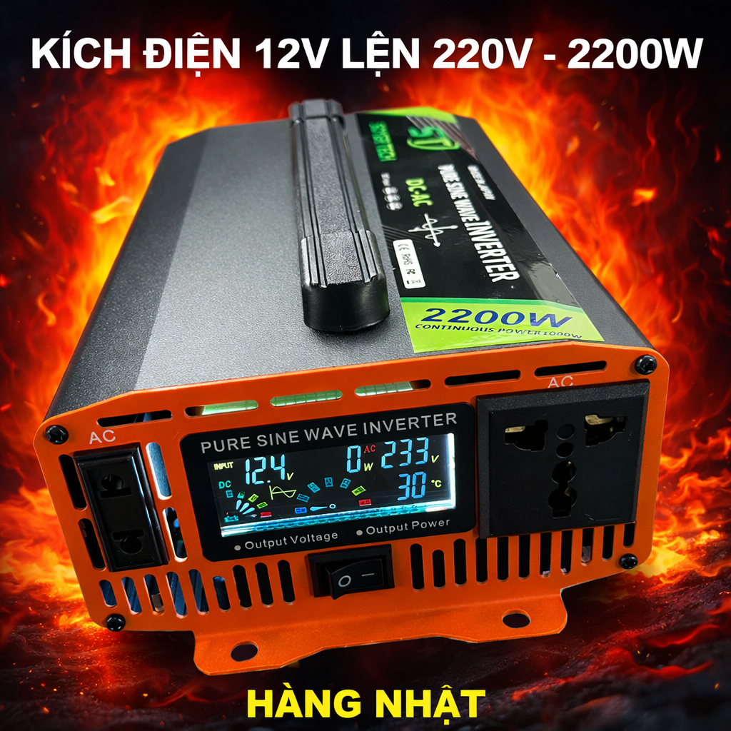 Kích Điện 12V Lên 220V 2200W Hàng Nhật – Sóng Sin Chuẩn, Màn Hình LED Hiển Thị Vôn &amp; Nhiệt Độ
