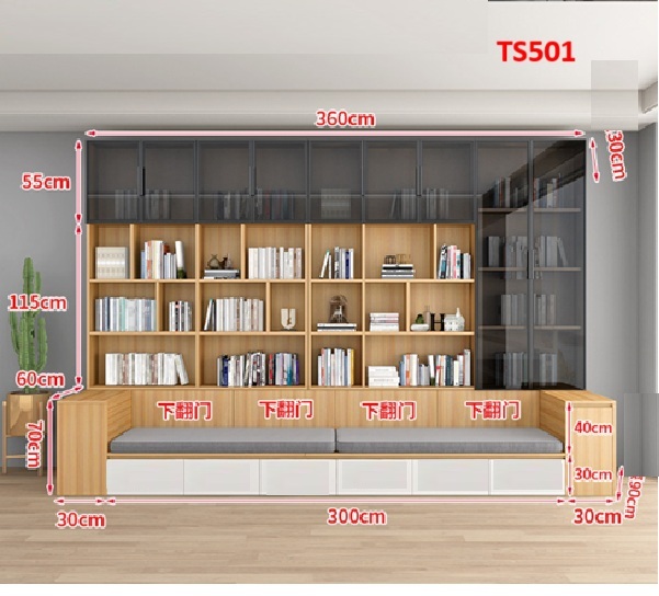 TỦ KỆ SÁCH CÁNH KÍNH KÈM GHẾ NGỒI TS501A - NỘI THẤT LẮP RÁP VIENDONGADV