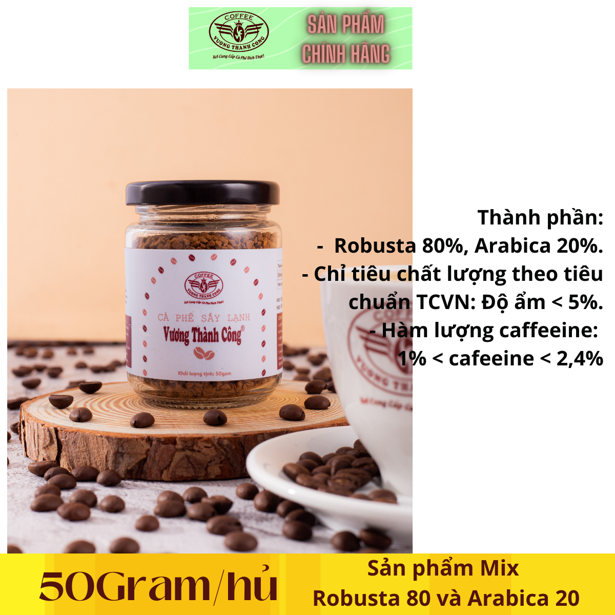 Cà phê hòa tan nguyên chất Vương Thành Công, tinh cà phê nguyên chất, thơm ngon, hậu ngọt, chất lượng