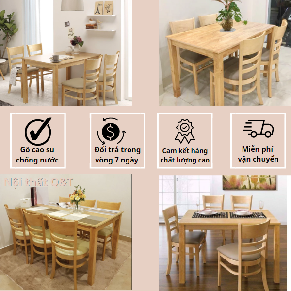 Bàn ăn Cabin ngang 1m2 bằng gỗ cao su tự nhiên cứng cáp dành cho gia đình quán ăn nhà hàng quán nước