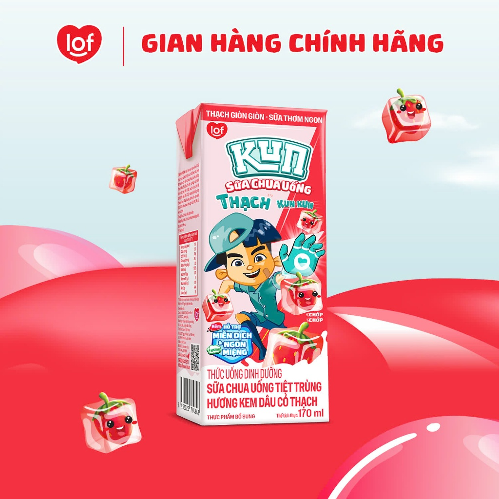 Thùng 48 hộp Sữa chua uống KUN hương dâu có thạch 170ml