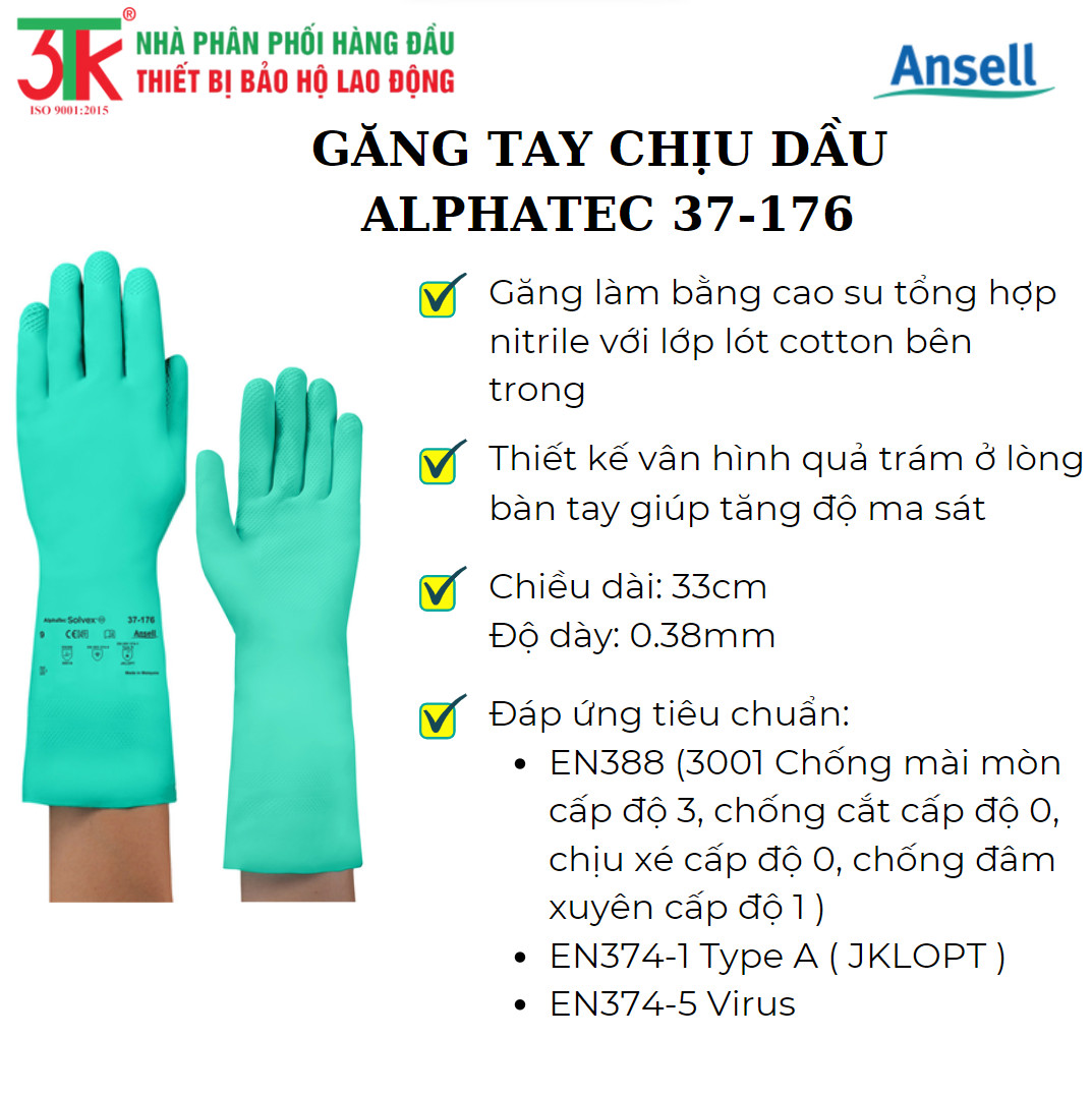 Găng tay cao su Nitrile Ansell 37-176 chống hóa chất , chống dầu , chống nước,  lót cotton thấm hút mồ hôi tốt