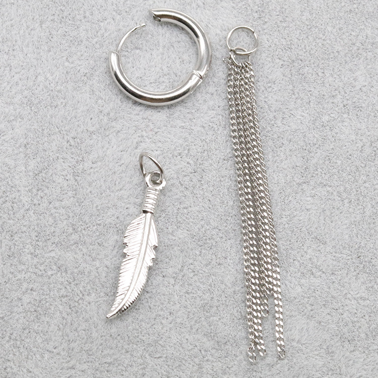 Bông tai khuyên tai 3 sợi mắt xích mix hình lông vũ unisex