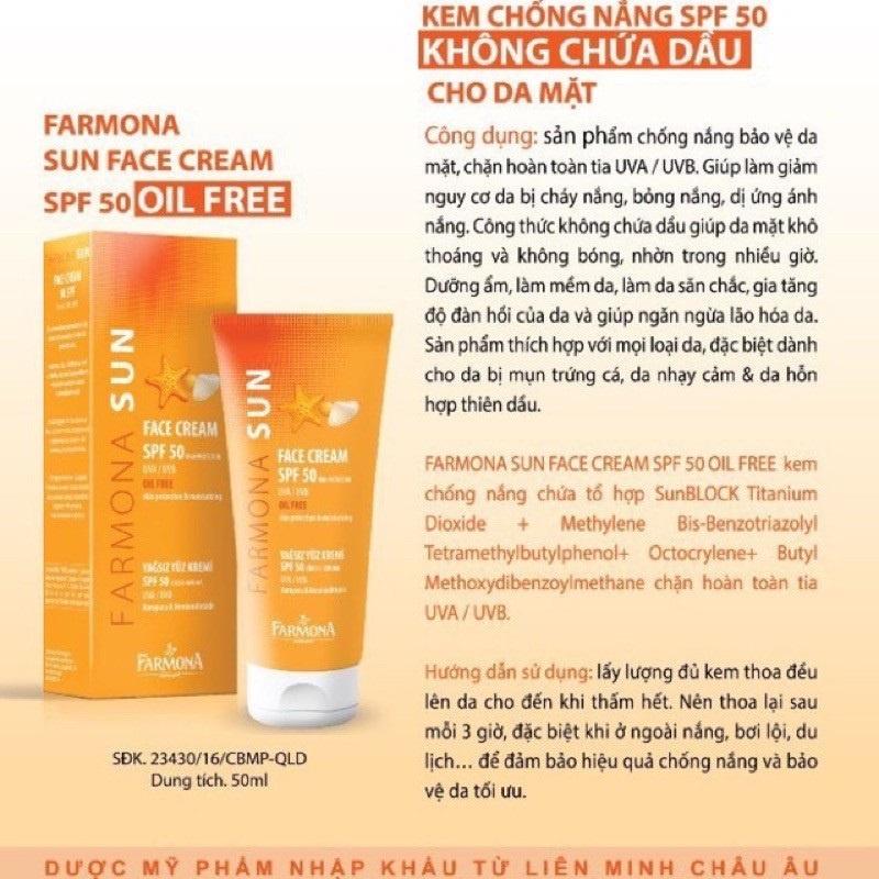 Kem Chống Nắng Không Chứa Dầu, Không Bóng Nhờn Bết Dính Farmona Sun Face Cream SPF50 Oil Free 50ml