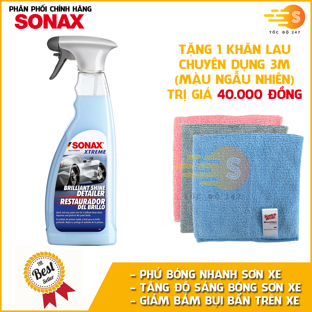 Chai xịt phủ bóng sơn xe và các chi tiết ô tô nhanh chóng Sonax 287400 500ml - chống thấm nước, phủ bóng nhanh, loại bỏ cận bẩn, tăng độ sáng sơn xe, giảm bám bụi bẩn, mùi dễ chịu - tặng 1 khăn lau 3M màu ngẫu nhiên