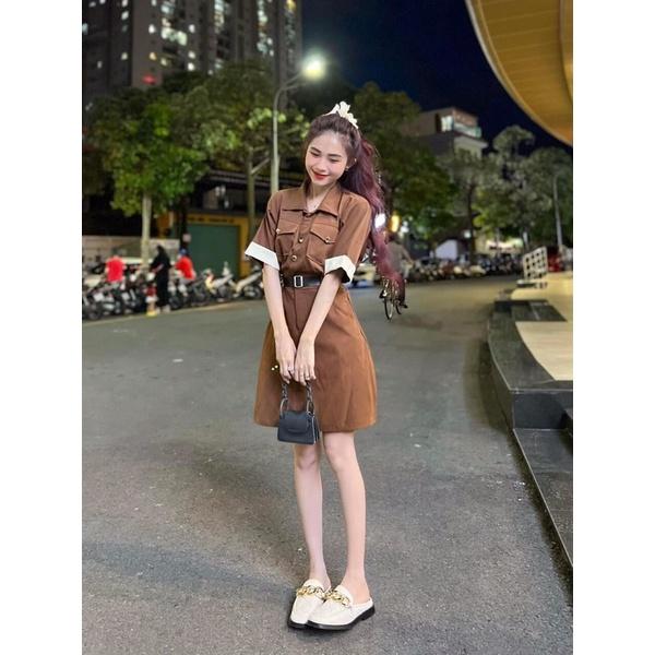 FREE SHIP Váy kaki nâu kèm đai, Váy thiết kế cao cấp KIM GIA DS