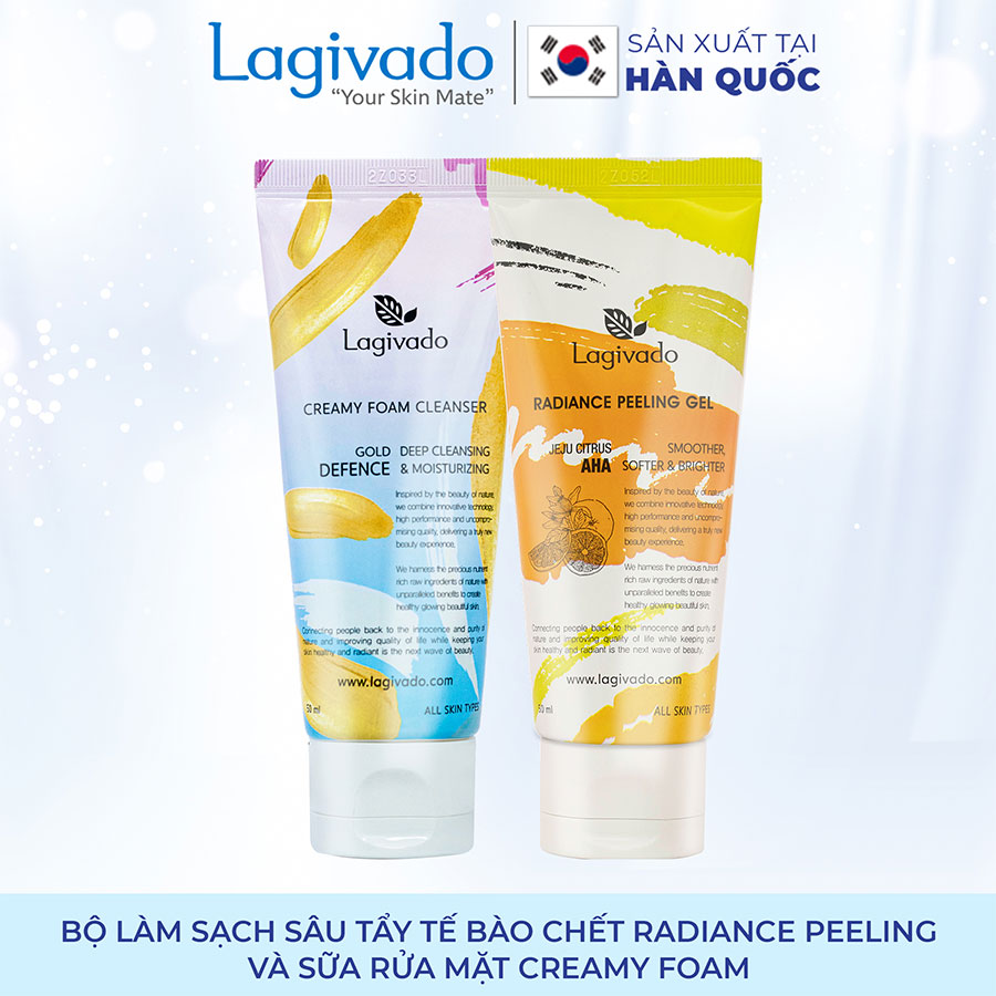 Bộ đôi làm sạch sâu Tẩy tế bào chết Hàn Quốc Lagivado Radiance Peeling 50 ml và sữa rửa mặt Creamy Foam 50ml.