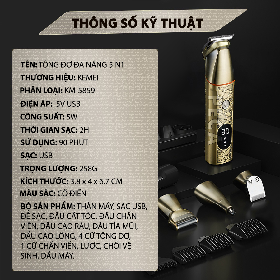 Tông đơ đa năng 5in1 Kemei KM-5859 chuyên cắt tóc, chấn viền, cạo râu, tỉa lông mũi, cạo lông sạc nhanh có đế sạc - Hàng chính hãng