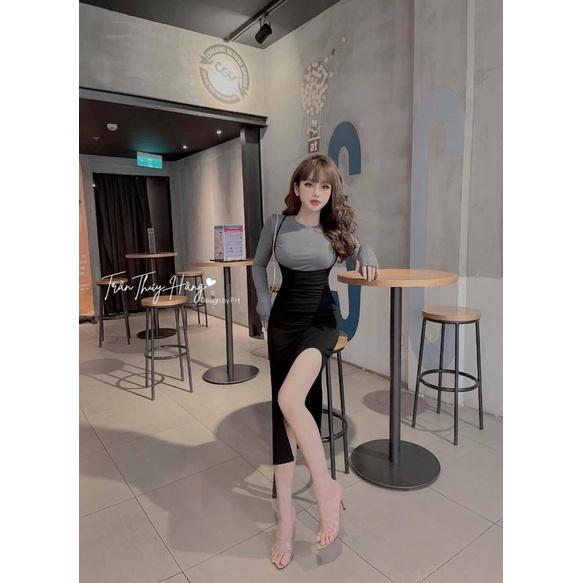 Sét áo cổ tròn tay dài kèm đầm 2 dây xẻ tà cực sexy sang chảnh