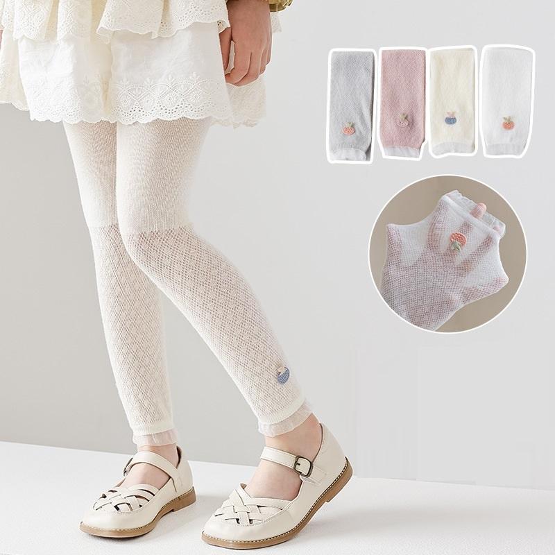 Quần tất không bàn cho bé gái, quần legging lưới mỏng, co giãn 4 chiều đính nhiều họa tiết size từ 1 đến 10 tuổi - Trắng - nơ