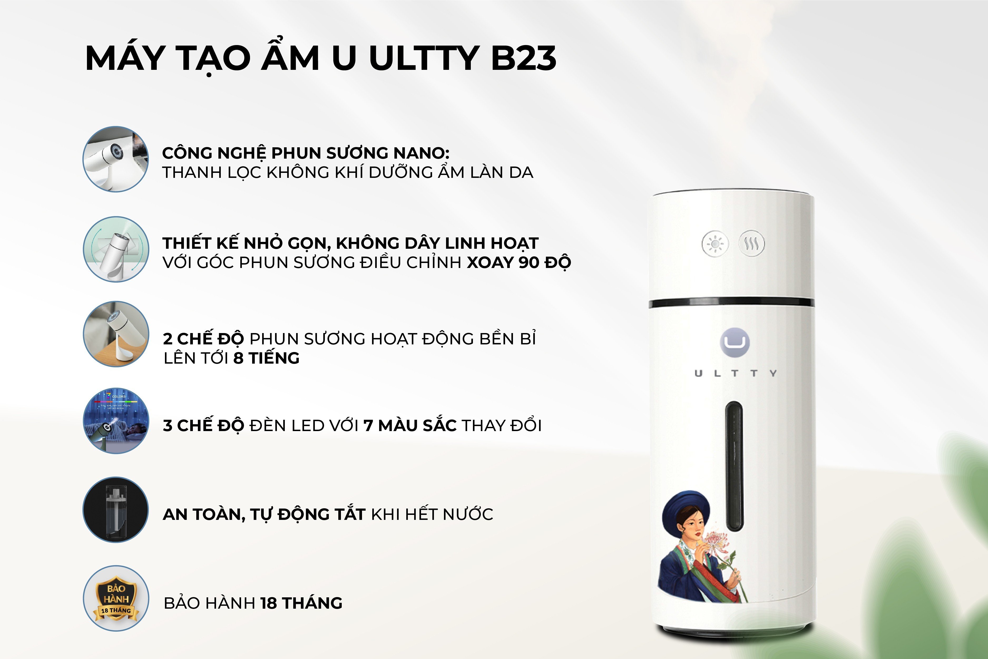 Máy tạo ẩm ULTTY B23 nhỏ gọn thích hợp để ô tô, văn phòng, phòng ngủ, tạo ẩm và làm đèn trang trí. HÀNG CHÍNH HÃNG BH 18 tháng