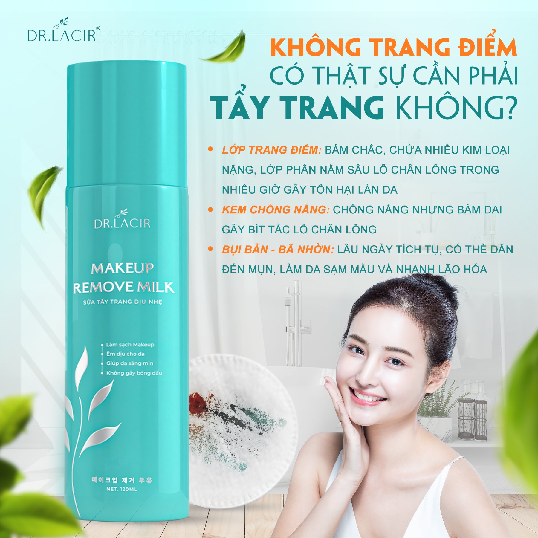 [Mini Size] Sữa Tẩy Trang Dịu Nhẹ Dr.Lacir - Make Up Remove Milk 120ml, dành cho mọi loại da (Chính Hãng Dr Lacir)