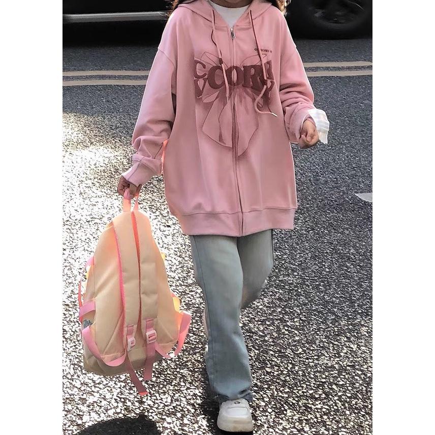 Áo Hoodie Zip Nỉ In Hình Nơ Dáng Rộng