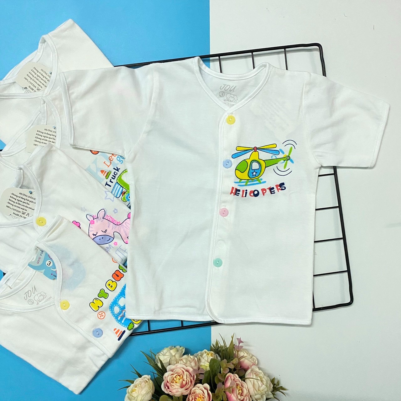 Set 5 áo sơ sinh cotton tay ngắn cài nút giữa trắng J-Tomtom Baby cho bé trai, bé gái - Giao hình ngẫu nhiên