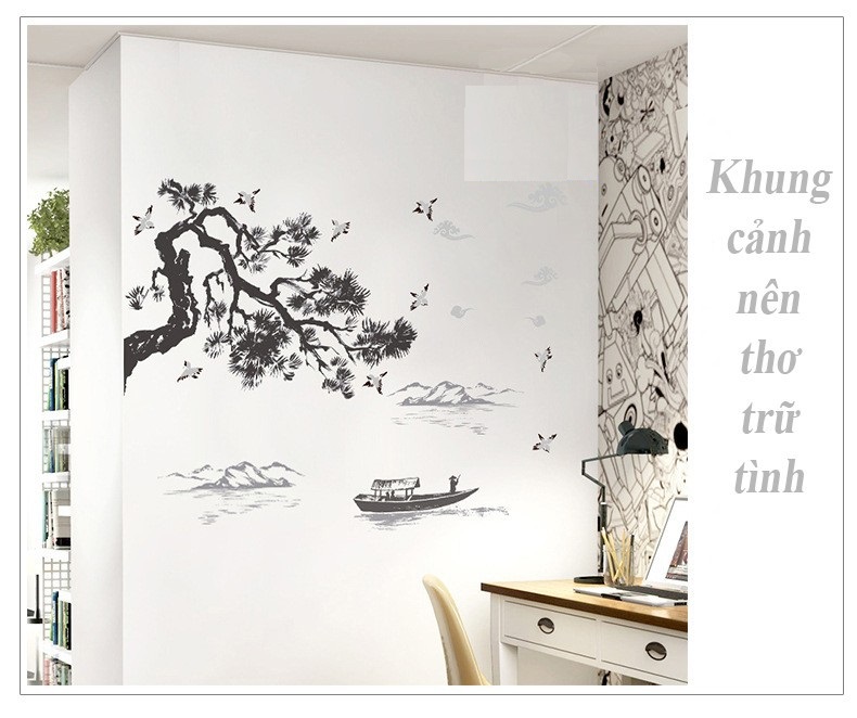 Decal dán tường sơn thủy á đông cành đào nở rộ