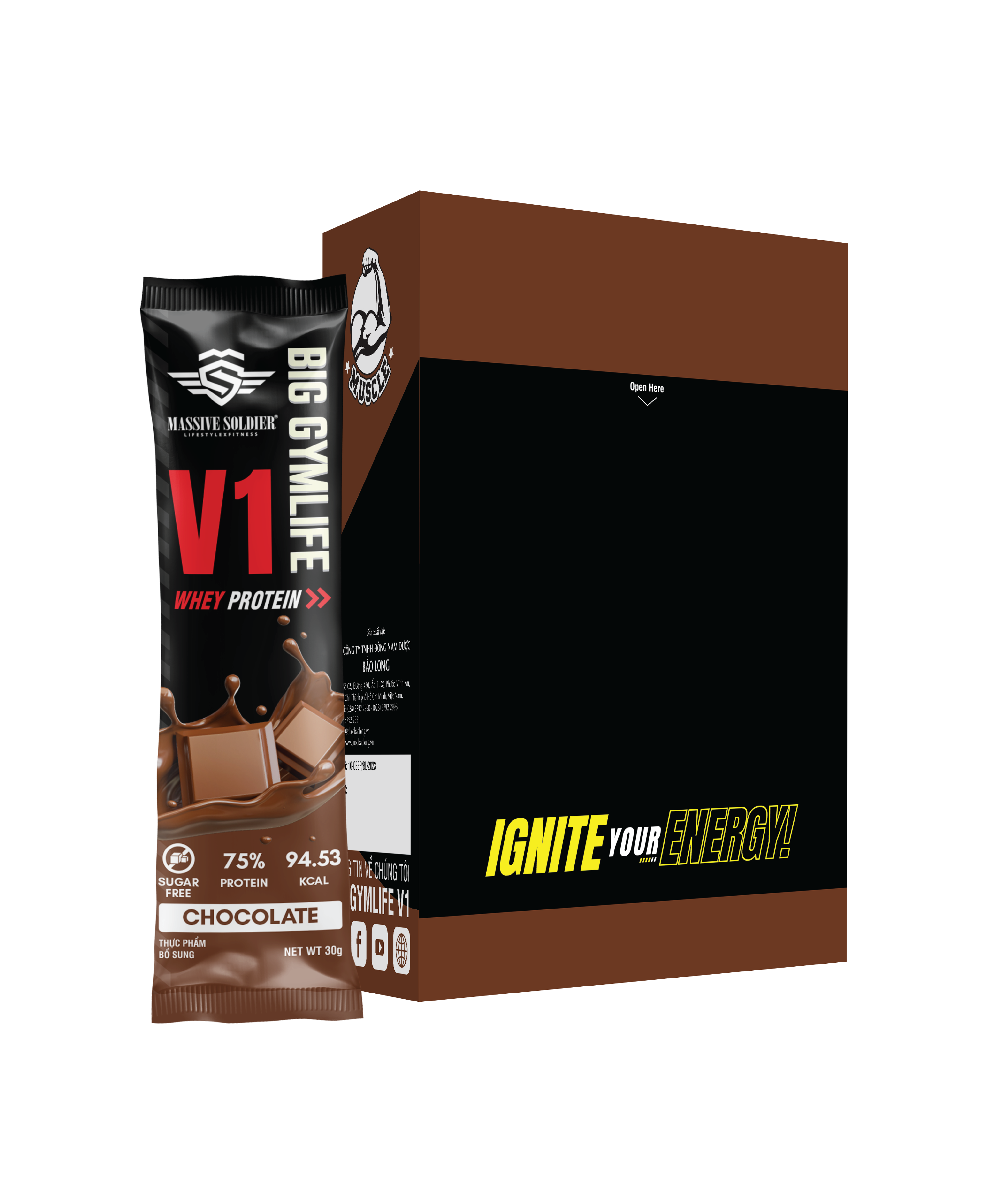 Bột Whey Protein BIG GYMLIFE V1 CHOCOLATE Bảo Long (Hộp 10 gói x 30g) - Hàng Chính Hãng