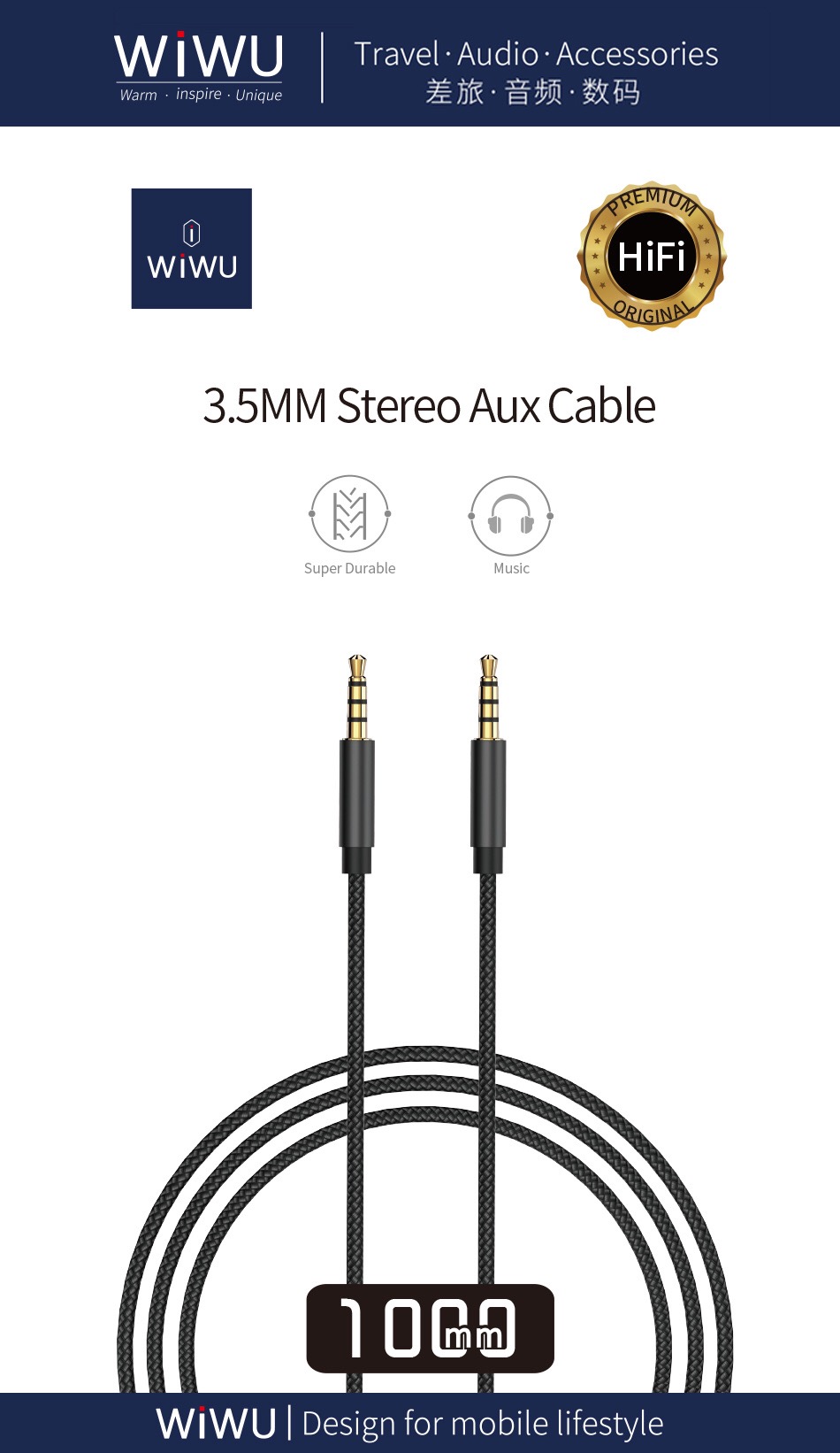 Cáp Âm Thanh Nổi Hi-Fi Wiwu 3.5mm Stereo Aux Cable YP01 Chất Lượng Âm Thanh Trung Thực, Đường Truyền Ổn Định - Hàng Chính Hãng