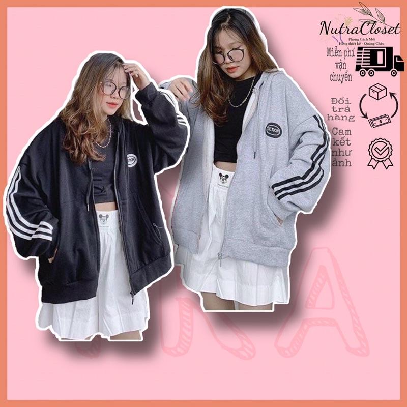 Áo khoác nỉ ngoại sọc thêu có nón unisex ulzzang nam nữ