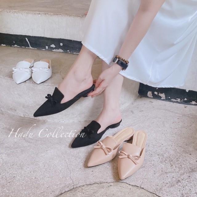 Dép sục nữ mũi nhọn HADU GD66 nơ nhỏ, da mờ