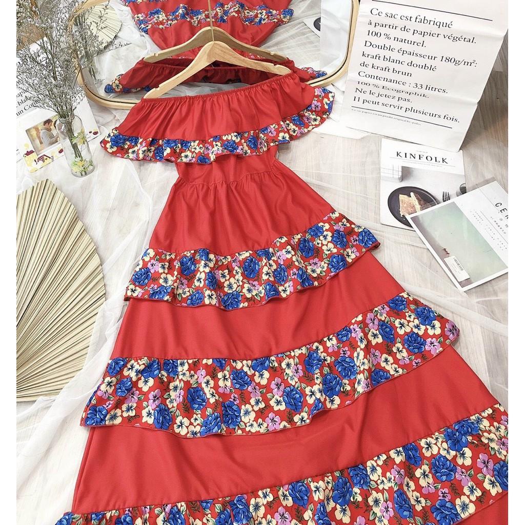 Đầm Maxi Đi Biển SAVVY Dress Đầm nữ Dáng Xòe Bẹt Vai Phối Hoa thổ cẩm