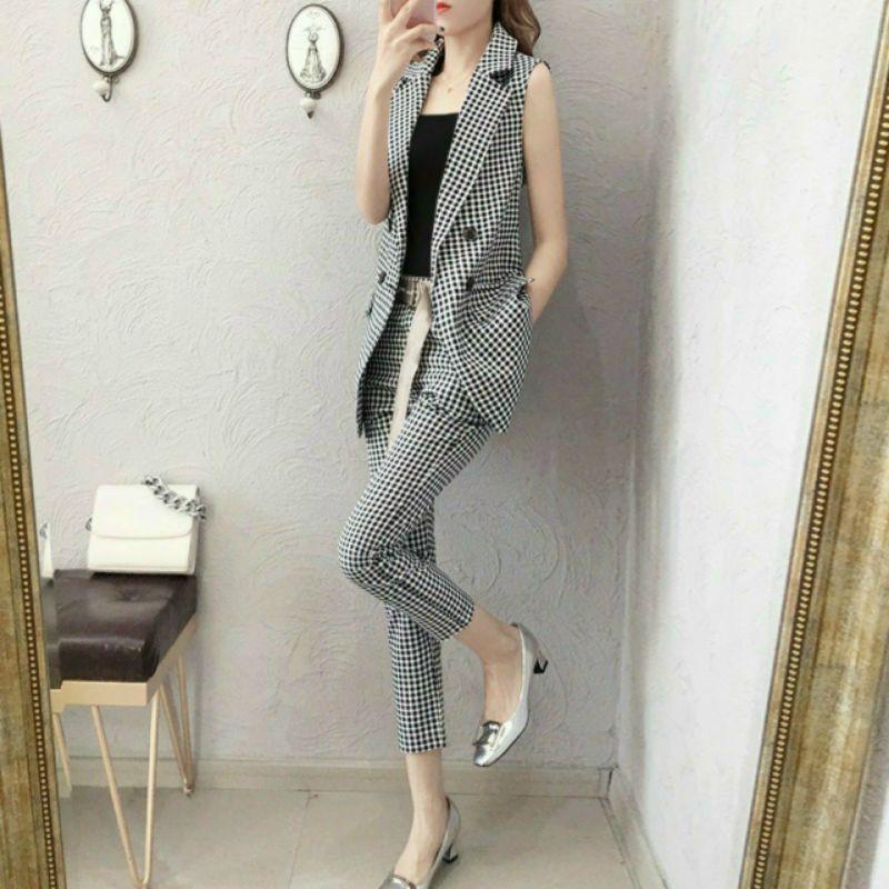 SET BỘ 3 MÓN KIỂU VEST CARO KÈM BELT