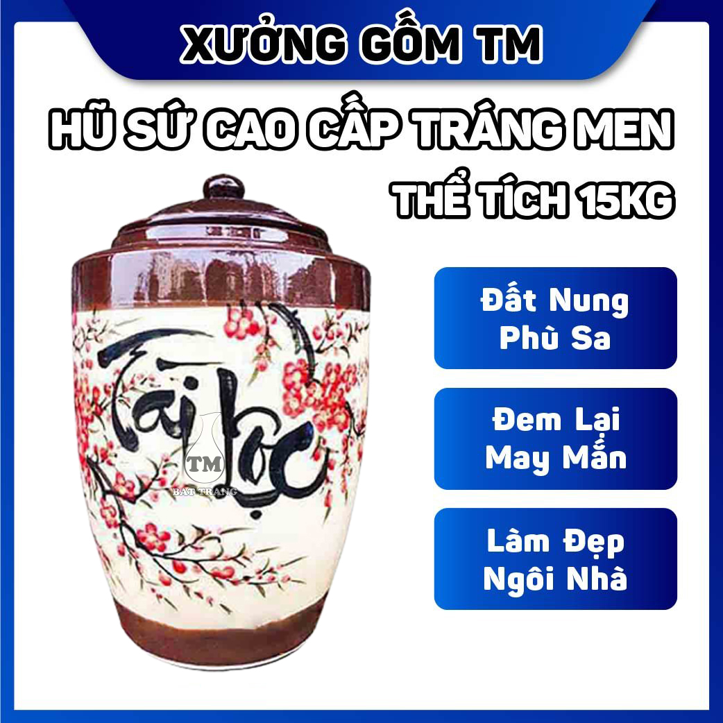 Hủ sứ đựng gạo, ngâm rươu, chứa thực phẩm khô gốm sứ Bát Tràng chữ Tài Lộc nắp nhọn