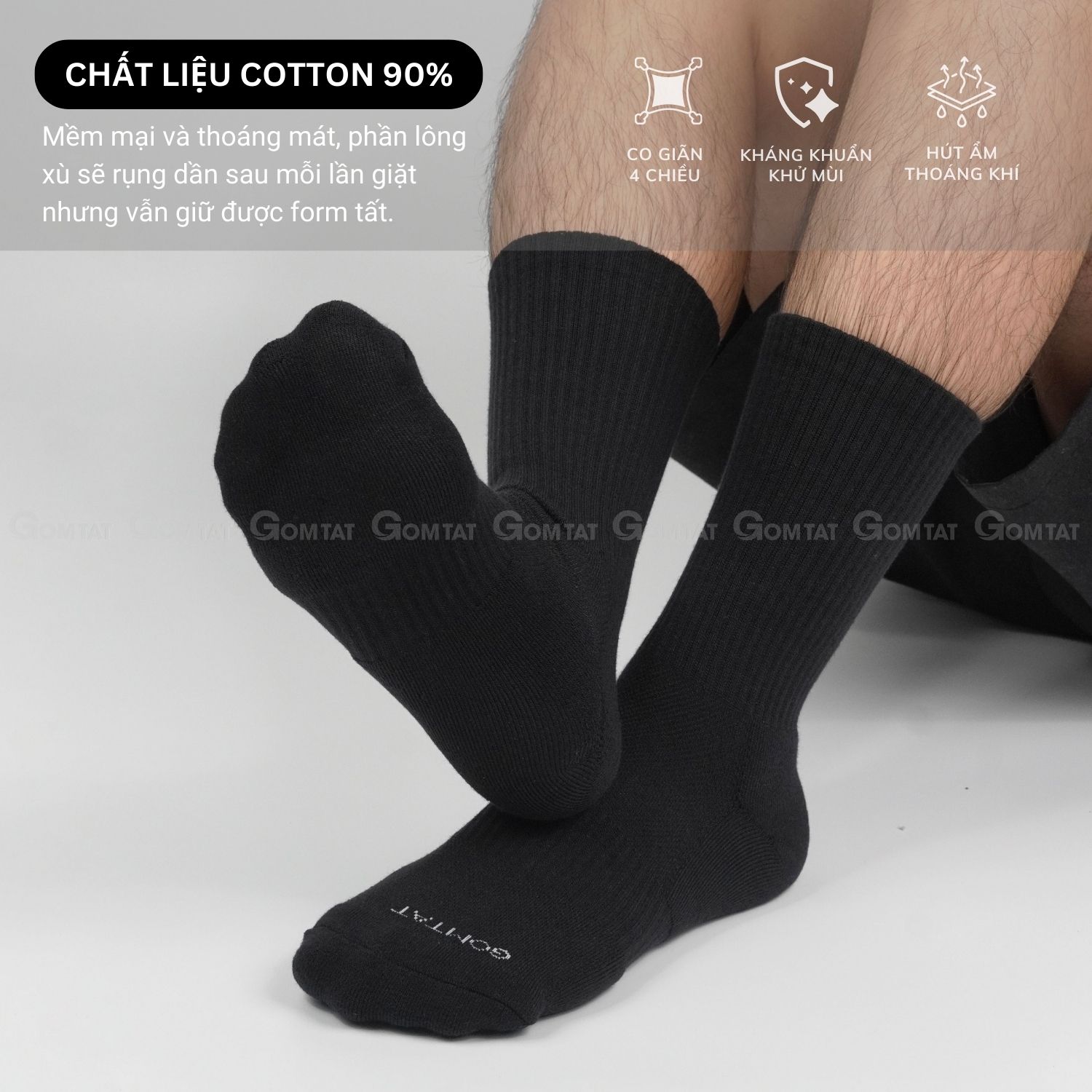 Combo 5 đôi tất đen nam nữ GOMTAT có đệm xù êm chân, sợi cotton dày dặn, khử mùi kháng khuẩn - NGAN-STA-5009-DEN-CB5