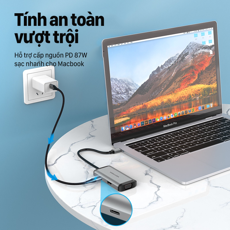 Bộ chuyển đổi Type-C sang VGA + HDMI + 3 cổng USB 3.0 + Sạc Type-C PD 87W Vention TGSHB - hàng chính hãng