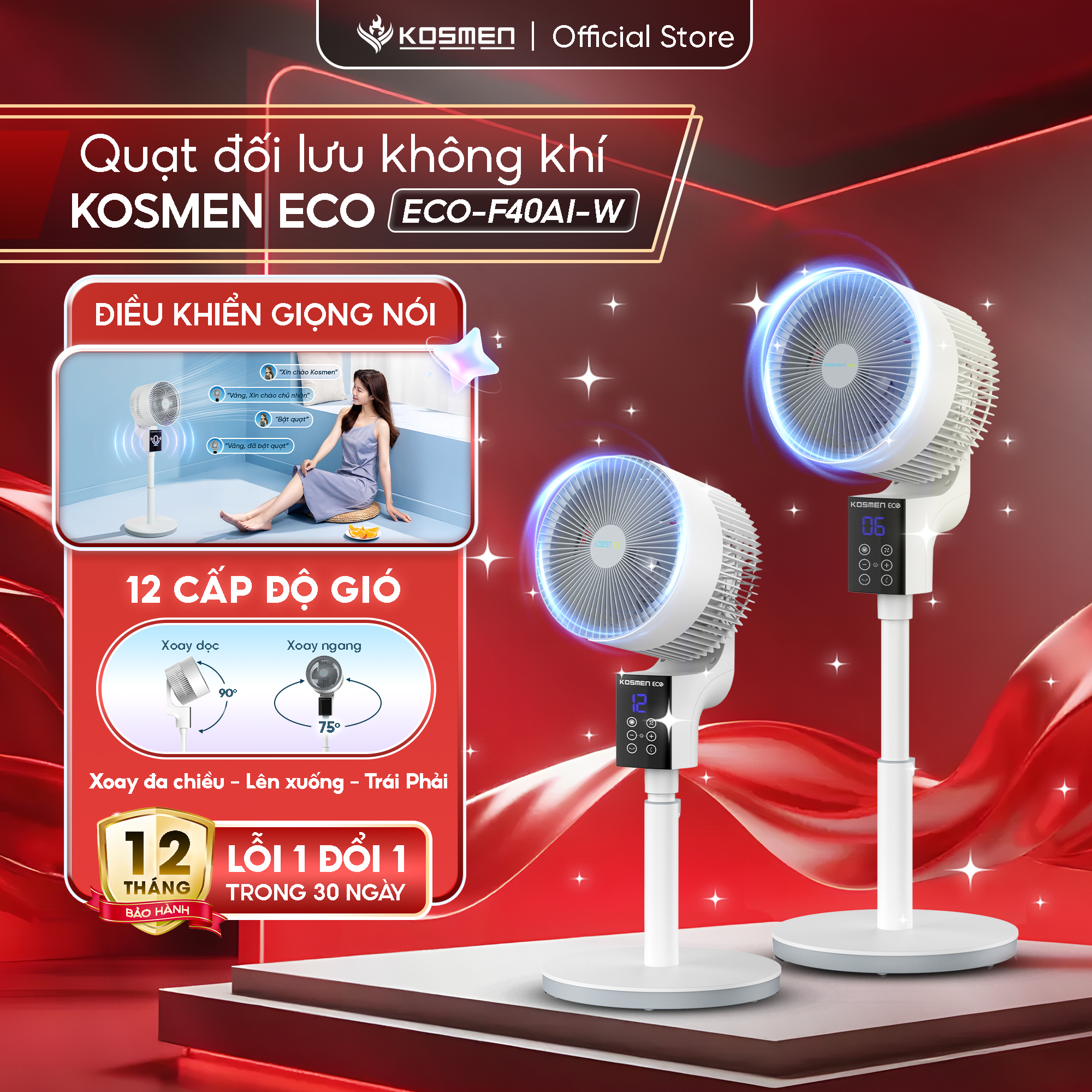 Quạt đối lưu không khí điều khiển bằng giọng nói Kosmen Eco ECO-F40AI-W, quạt thông minh, quạt điện (quạt đứng)