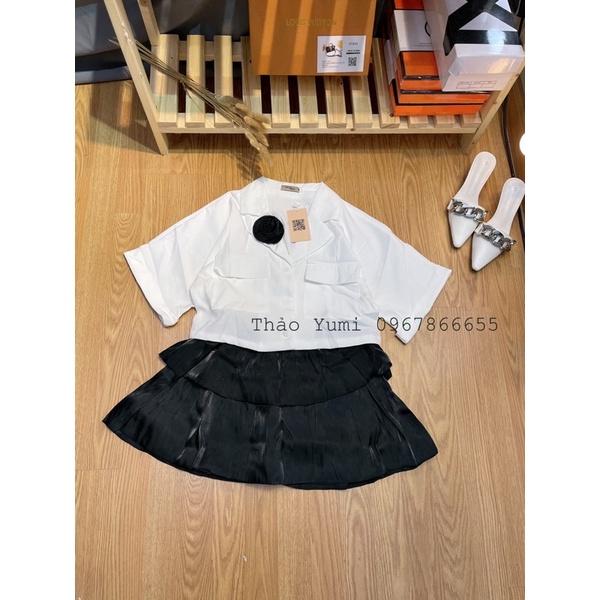 Set áo vest croptop kèm hoa mix chân váy tầng