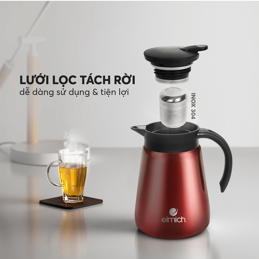 Bình giữ nhiệt gia đình Elmich EL8298 900ml, Hàng chính hãng, inox 304, có lõi lọc pha trà, pha cà phê - JoyMall
