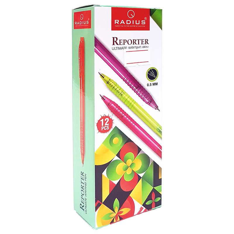 Hộp 12 Bút Bi Bấm Reporter 0.5 mm - Radius - Mực Đỏ