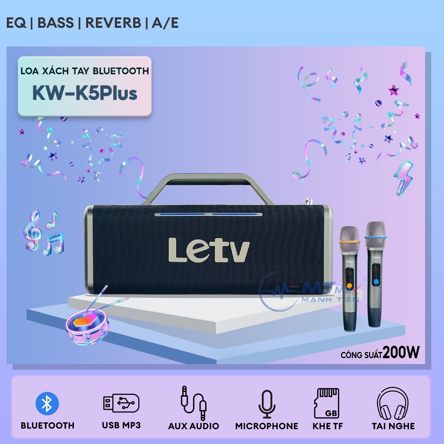 Loa Xách Tay Bluetooth KW K5Plus - Công Suất Cực Lớn 200W, Sử Dụng Liên Tục Đến 8 Giờ, Đèn LED RGB Nhiều Chế Độ, Âm Thanh Siêu Khủng, Tặng Kèm Micro Không Dây Karaoke.  hàng chính hãng