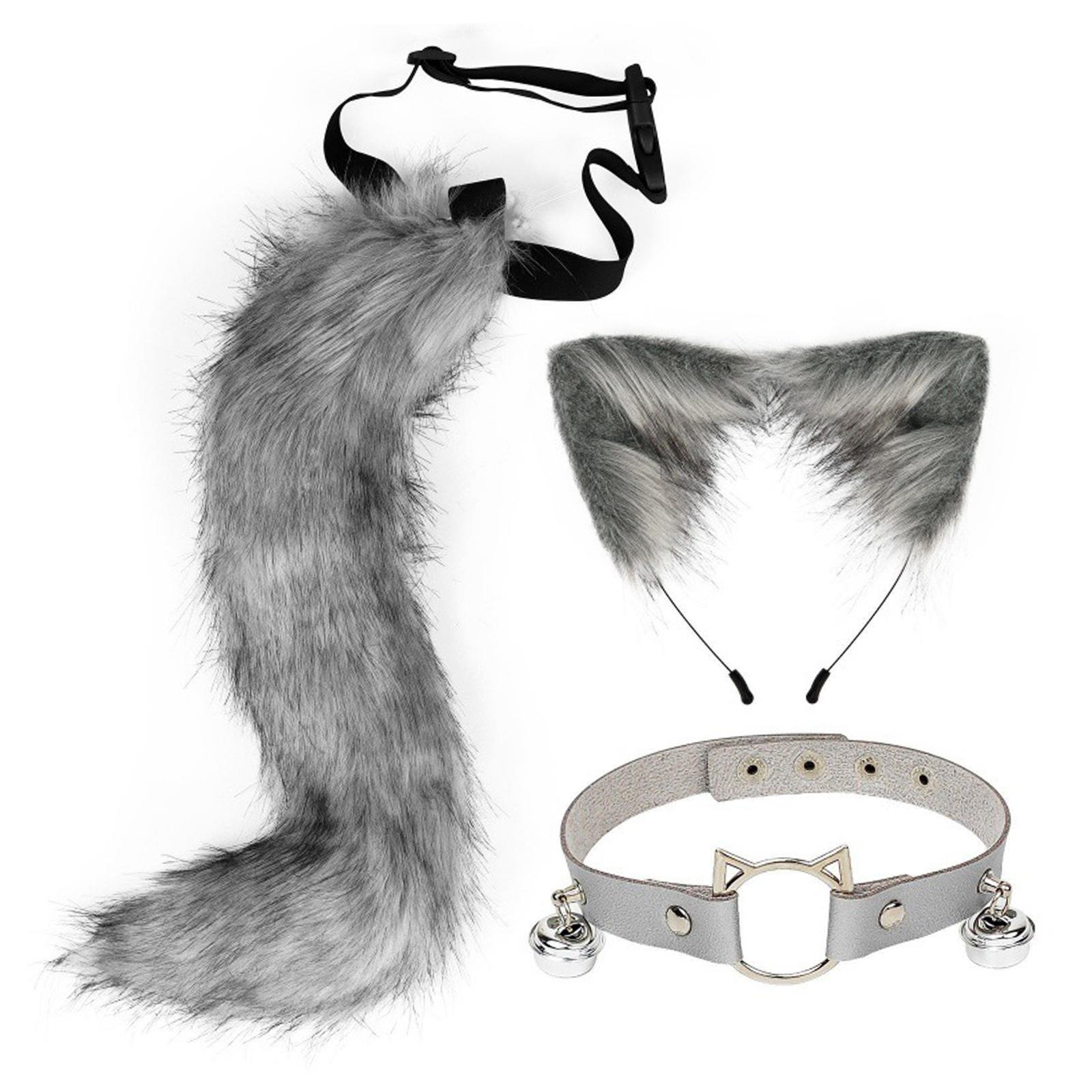 Ears and Long Tail Set Faux Plush Hair Hoop for Halloween Christmas Carnival