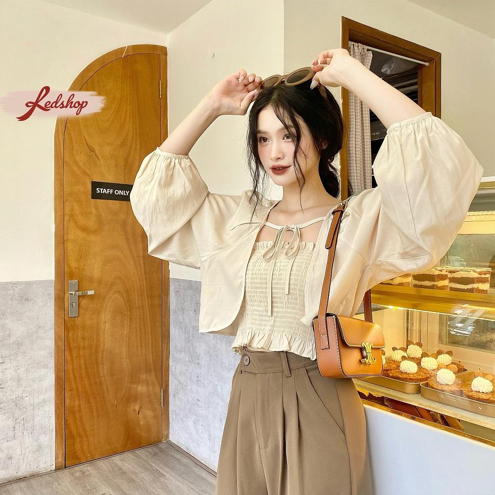 Set áo dây và áo khoác ngoài thắt nơ croptop phong cách Hàn Quốc Red Shop 29915