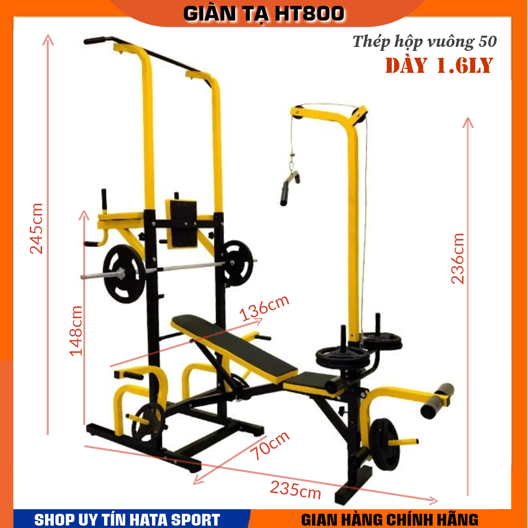 Giàn tập tạ đa năng HT800 HATA SPORT kết hợp xà đơn xà kép thép dày cứng cáp (CHƯA BAO GỒM TẠ VÀ THANH ĐÒN)