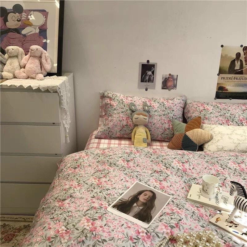 Bộ Chăn Ga Gối Cotton Living 100%Cotton Hàng Nhập Khẩu Cao Cấp 4 Món Hoa Nhí Vintage Hàn Quốc