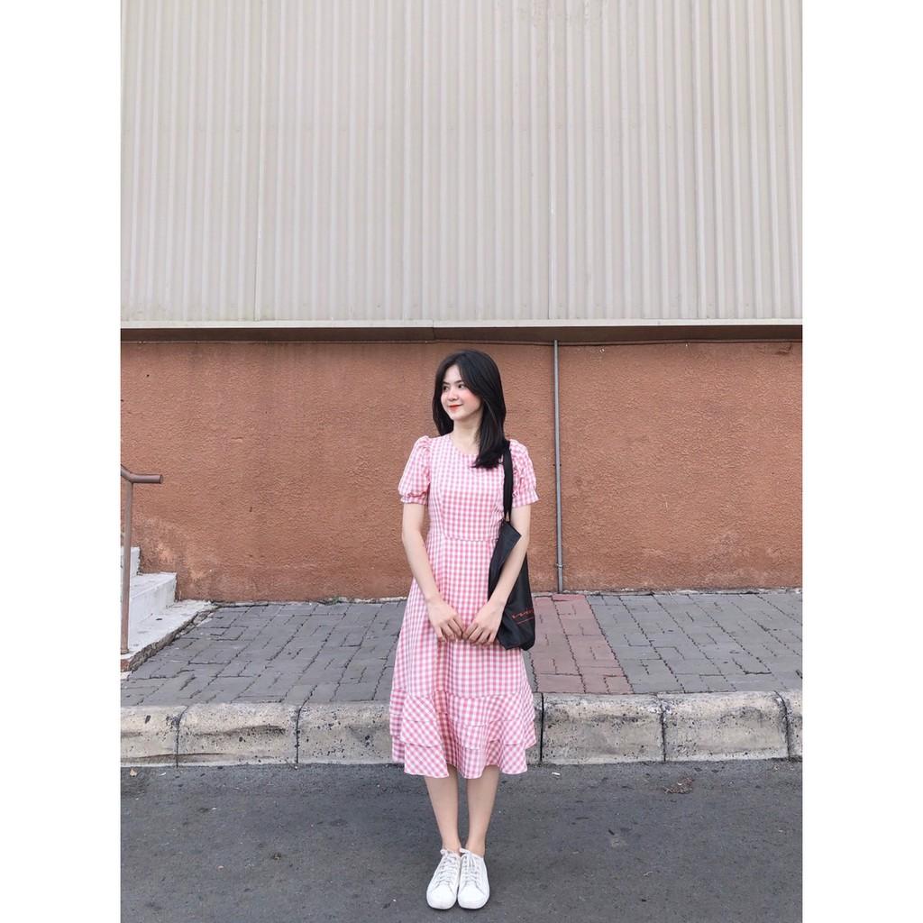 ĐẦM MAXI CARO CỔ TRÒN TAY PHỒNG NGẮN DÁNG XÒE PHỐI ĐUÔI CÁ-hình thật shop chụp