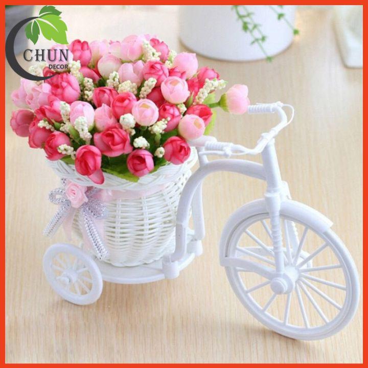 Giỏ hoa lụa - Xe đạp hoa hồng tỉ muội để bàn cao 20cm trang trí nhà cửa