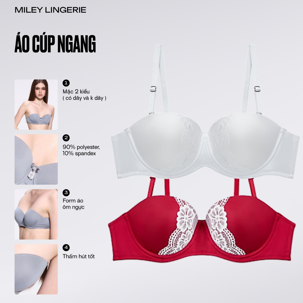 Combo 2 Áo Ngực Cúp Ngang Phối Ren Thời Trang Premium Miley Lingerie BRM02202-04202