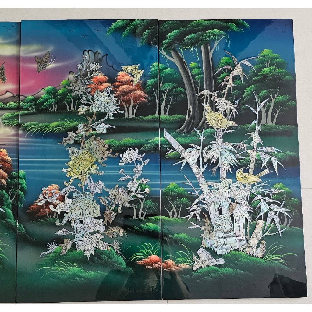 Tranh sơn mài 4 mùa Mai Lan Cúc Trúc cẩn ốc nổi size 60x120 cm