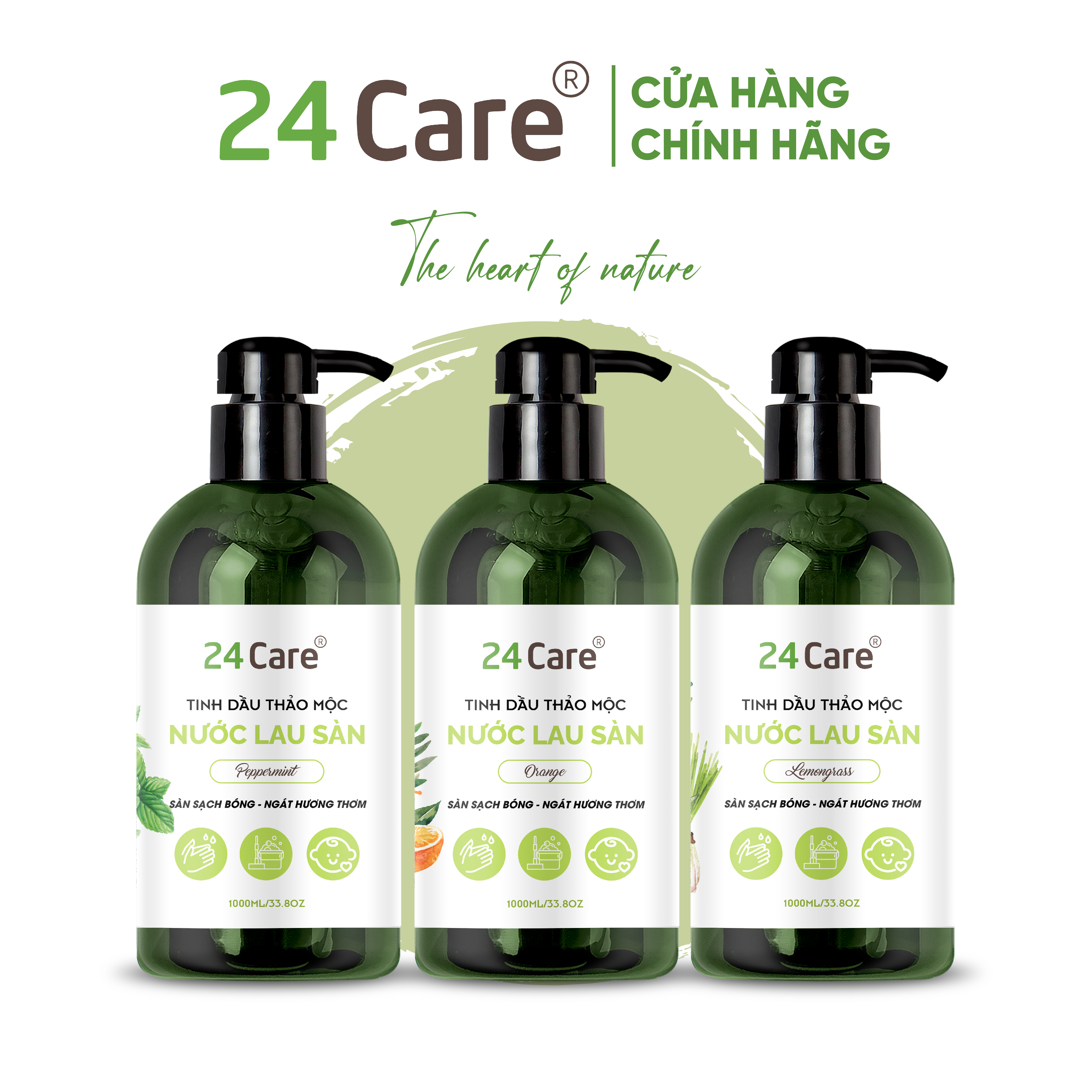 Nước Lau sàn hữu cơ trẻ em 24Care - Hương thảo mộc thiên nhiên Sả chanh/ Bạc hà/ Cam ngọt - Đuổi muỗi và côn trùng - Thơm nhẹ diệt khuẩn loại bỏ vết bẩn cứng đầu