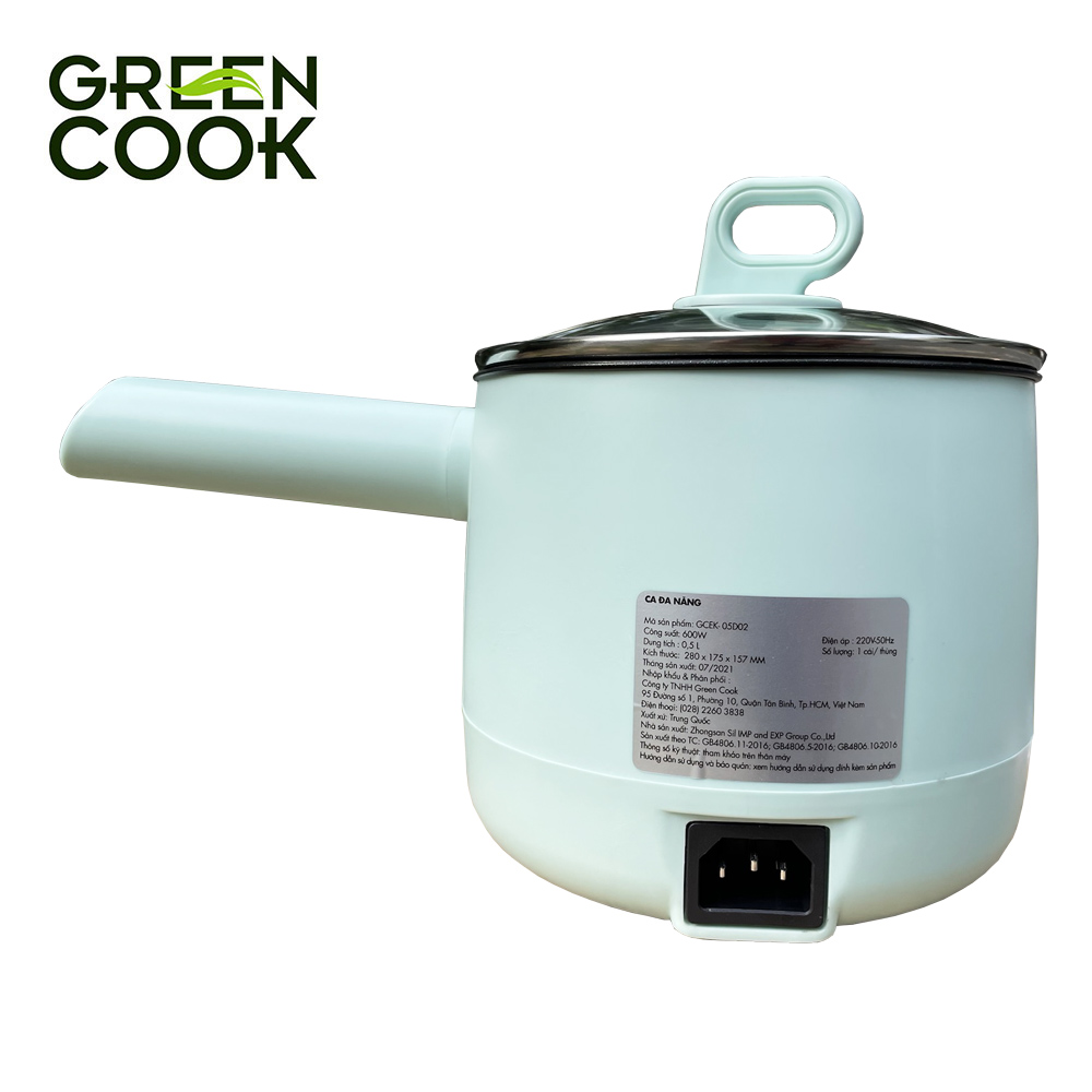 Ca điện đa năng chống dính Green Cook GCEK-05D02 600W 0.5L tiện lợi nấu mì, lẩu mini, đun nước, nấu cơm - Hàng chính hãng