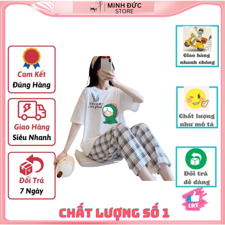 Sét Bộ Nữ SS20, Sét Đồ Nữ Đi Chơi Đẹp In Cô Gái Khủng Long Xanh, Sét Áo Vải Cotton, Và Quần Kẻ Màu Cá Tính