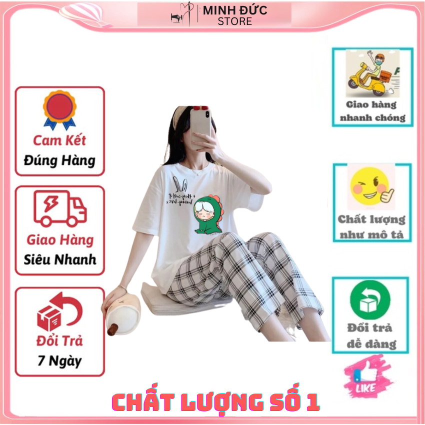 Sét Bộ Nữ SS20, Sét Đồ Nữ Đi Chơi Đẹp In Cô Gái Khủng Long Xanh, Sét Áo Vải Cotton,  Và Quần Kẻ Màu Cá Tính - LẺ QUẦN