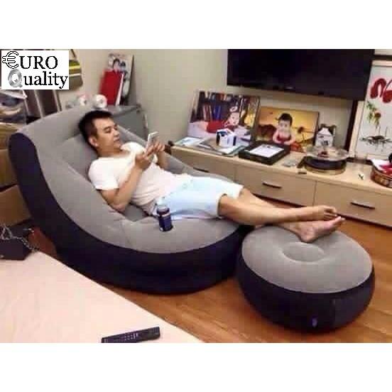 Ghế hơi tựa lưng kèm bơm điện 220V, ghế bọc nhung Lazy Sofa, có đôn gác chân