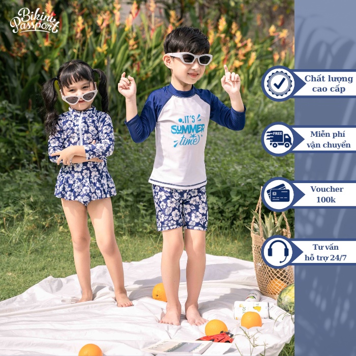 Đồ bơi áo tắm em bé BIKINI PASSPORT KID - Bé trai quần lửng, áo dài - Họa tiết - KD028_NV