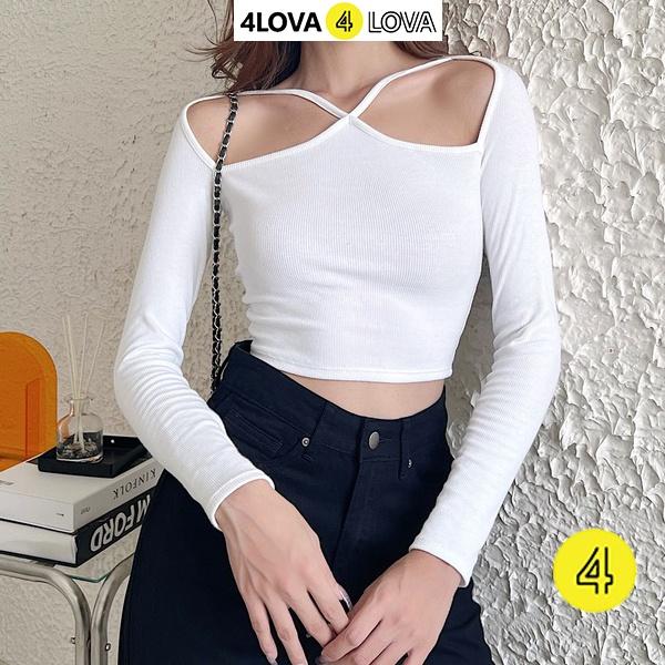 Áo croptop nữ tay dài kiểu yếm hở vai dây chéo ngực 4Lova