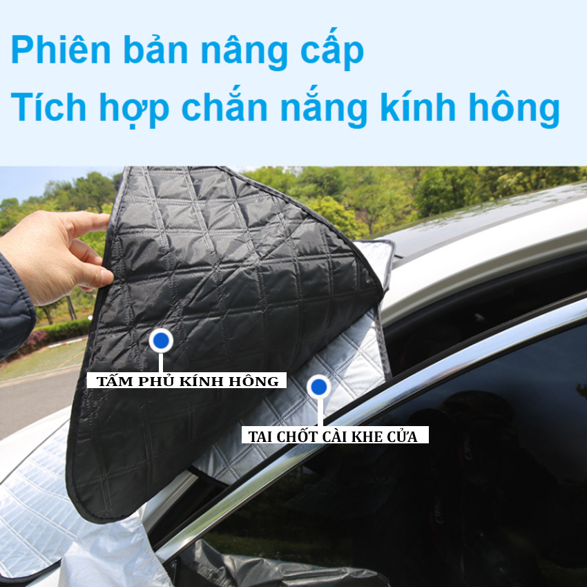Tấm bạt chắn nắng kính lái, hông xe và gương chiếu hậu xe ô tô 4 lớp tráng nhôm cách nhiệt tích hợp nam châm cố định