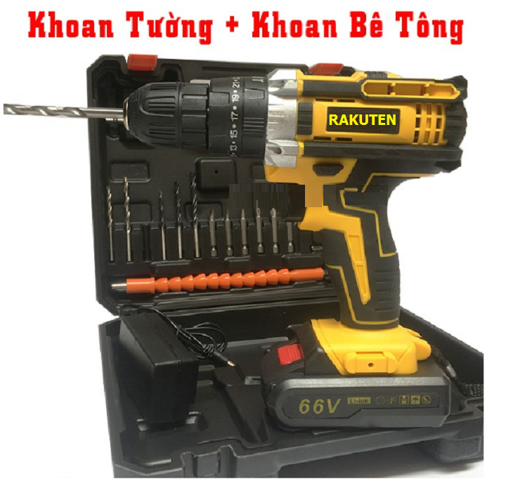 Bộ máy khoan pin RAKUTEN 66V  khoan tường, khoan sắt, khoan bê tông máy 2 pin, đảo chiều và mũi khoan